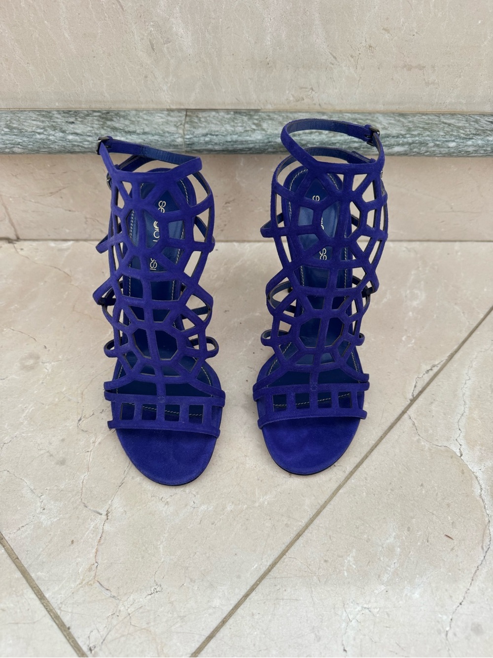 Sergio Rossi Suede Purple Geometric Puzzle Cage-Strap Heels, size 37.5